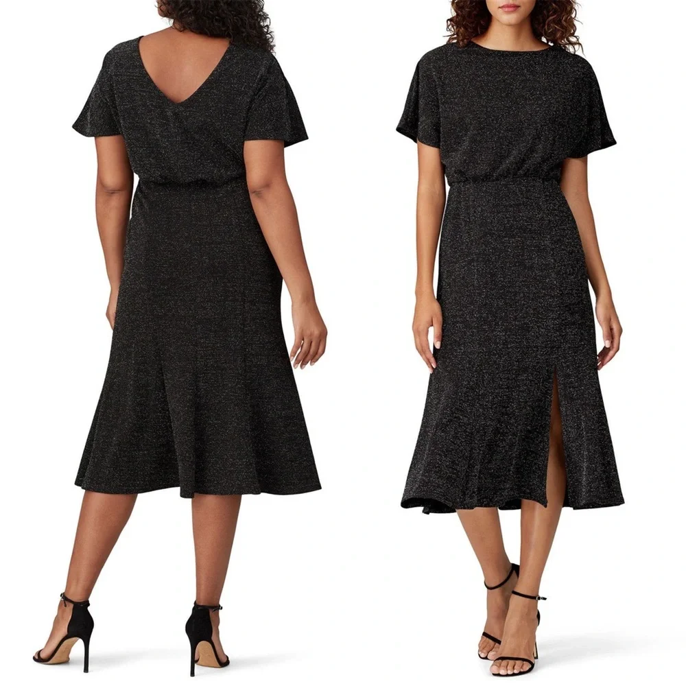DONNA MORGAN‎ Metallic Sparkle Knit Short Sleeve V-Back Side Slit Midi Dress 8